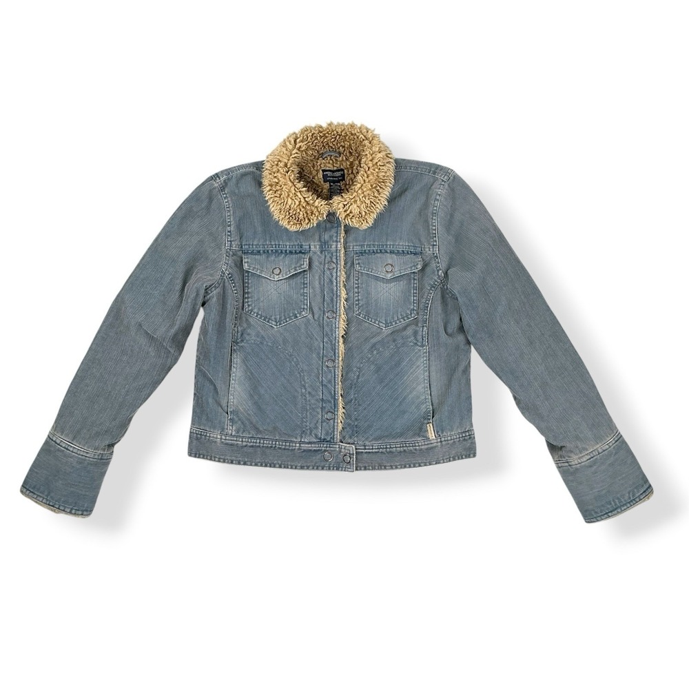 American Eagle Jacket Women XL Blue Corduroy Faux Fur Collar Chore VTG Y2K